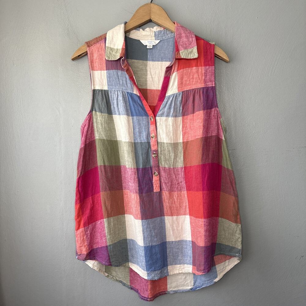 Sleeveless Plaid Gauze Popover Top Size Medium Linen Blend Country Grandma Chic